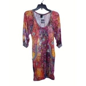 Desigual Dress S Pink Red Abstract Print Tunic Draped Pockets Space Dye